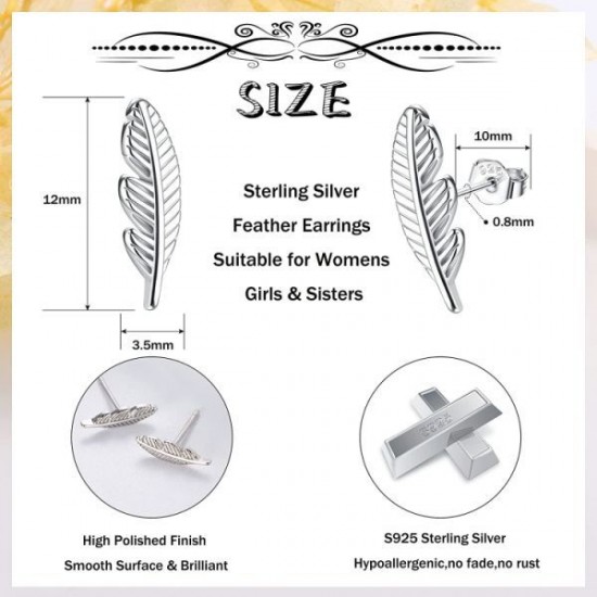 Sterling 925 Feather Stud Earring For Women Girls Tiny/Small Leaf Stud Earring Hypoallergenic Cartilage Earrings Piercing